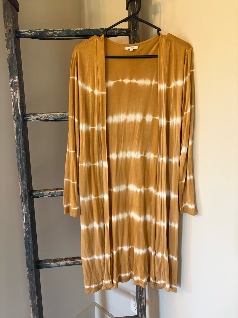 Maurices Mustard and White Tie-Dye Open-Front Long Sleeve Cardigan